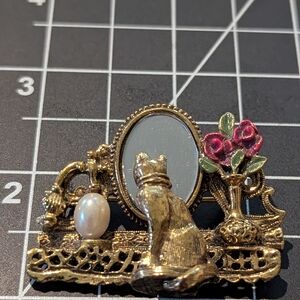 Vintage Gold Cat Brooch with Mirror and Roses
